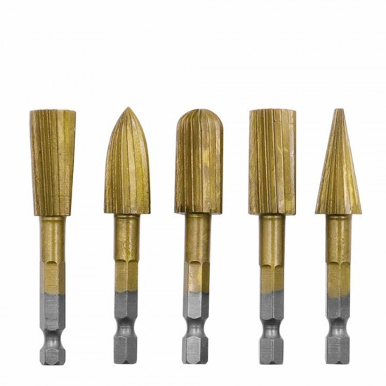 5pcs 6.3mm Hex Shank HSS Woodworking Rotary File Electric Grinding Head For Wood Carving Peeling