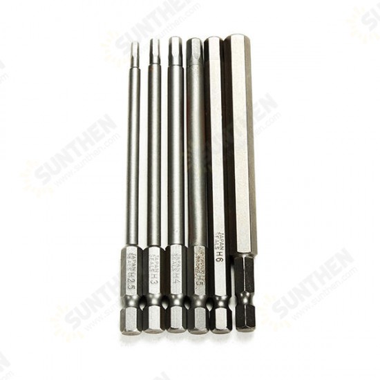 6pcs 100mm Length 1/4 Inch Hex Shank Magnetic Hexagon Head Screwdriver Bit Set