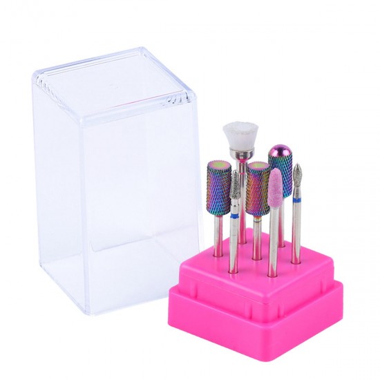 7pcs Nail Drill Bits Container Box Grinding Remove UV Gel Auroras Nail Art Design Tools Set