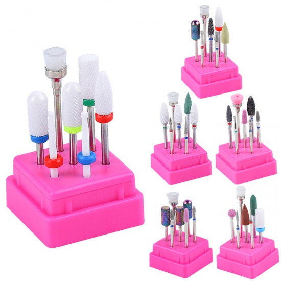 7pcs Nail Drill Bits Container Box Grinding Remove UV Gel Auroras Nail Art Design Tools Set