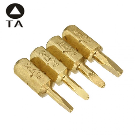 4pcs 25mm 1.8-2.7mm Triangle Shaped Screwdriver Bits 1/4 Inch Hex Shank Electroplating Bronze