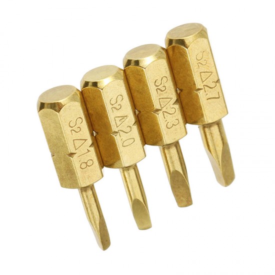 4pcs 25mm 1.8-2.7mm Triangle Shaped Screwdriver Bits 1/4 Inch Hex Shank Electroplating Bronze