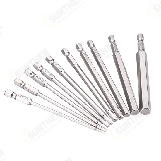 10Pcs 100mm 1/4 Inch Shank S2 Steel SAE Hex Head Allen Wrench Screwdriver Bit Drill Bit Set