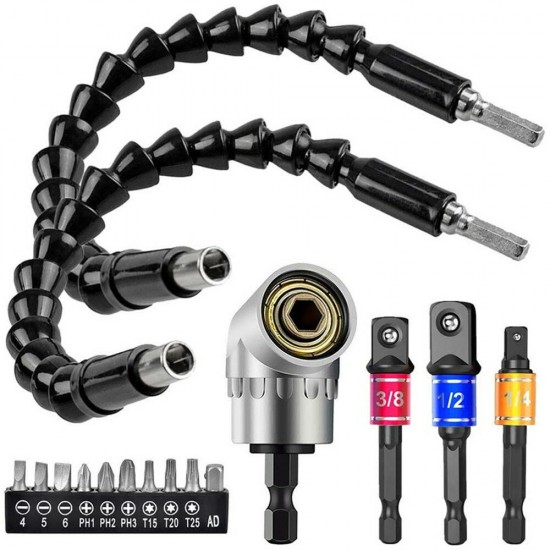 16Pcs/Set Flexible Drill Extension Hex Shank Nut Driver Bit Bendable Drill Extension+Universal Socket Adapter+Screwdriver Bit+Angled Drill Extension