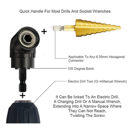 Black 1/4 Inch Hex Shank Drill Bit Angle Driver 105 Degree Right Angle Driver Screwdriver