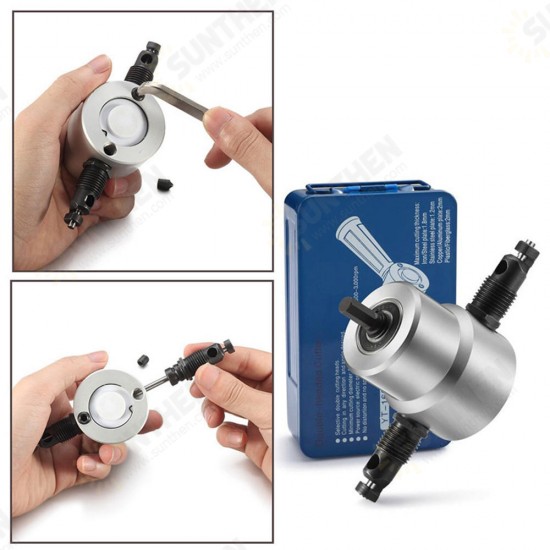 Silver 5Pcs YT-160A Double Head Metal Sheet Nibbler Cutter Drill Attachment with Wrench Cutting Blade Set for Electric Drill