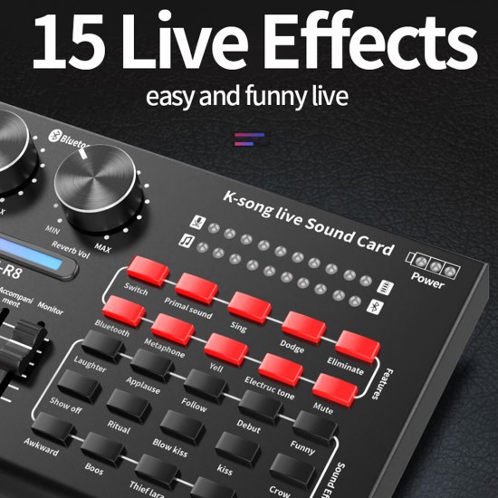 R8 Live Sound Card Audio Mixer with Audio Cable USB Cable Sound Effects Mode Indicator Light for Computer