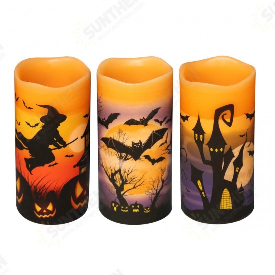 3Pcs Flameless Flickering Candles Warm Light Halloween Decor Castle Witch Bats Yellow