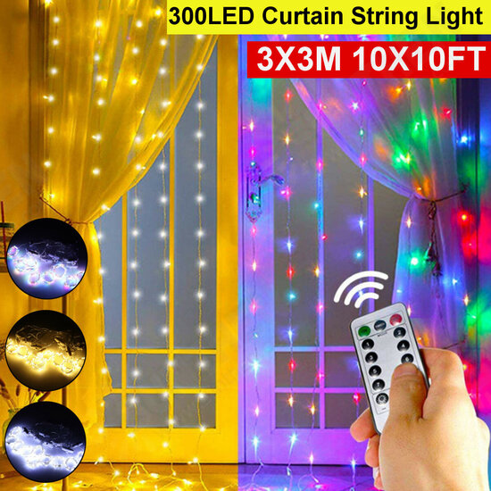 3x3M Waterproof USB 300LED Window Curtain String Light 8 Modes Outdoor Fairy Lamp Home Decor with Hook