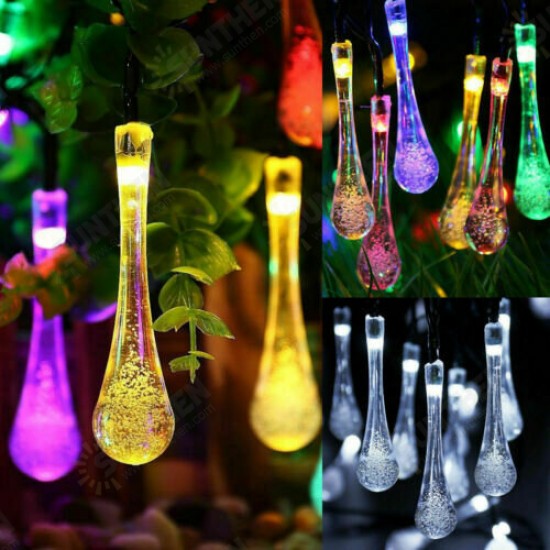 6.5M 30LED Solar Water Drop String Lights Wide Angle Raindrop Teardrop Outdoor Fairy for Christmas Tree Party (Multicolor/Warm White/White)