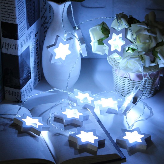 Battery Powered 1.8M 0.3W 10LED Wooden Star Shape Fairy String Light for Christmas Party Decor DC3V