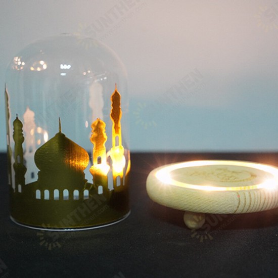 Battery Powered Ramadan Mosque Night Light Glass Cover Wooden Base Decoration Gift