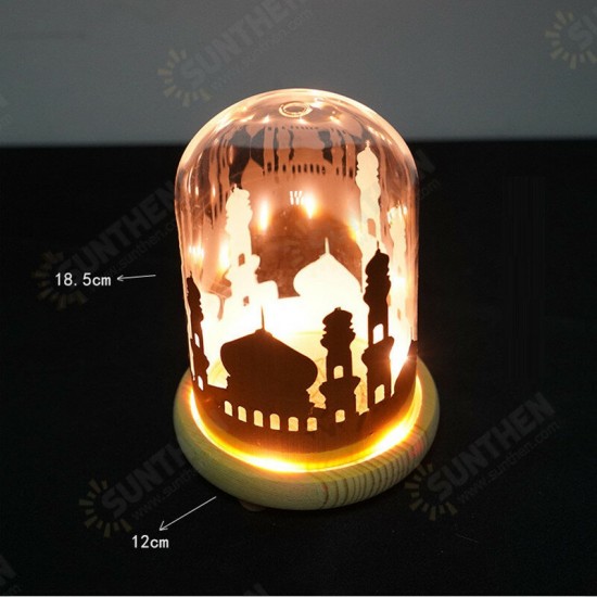 Battery Powered Ramadan Mosque Night Light Glass Cover Wooden Base Decoration Gift