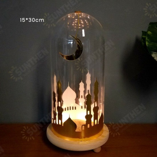 Battery Powered Ramadan Mosque Night Light Glass Cover Wooden Base Decoration Gift