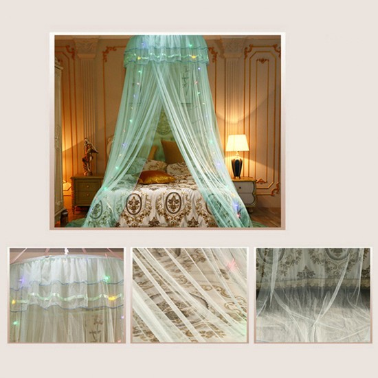 Ceiling-Mounted Mosquito Net Installation Home Dome Foldable Bed Canopy with LED String Light