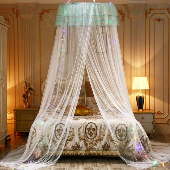 Ceiling-Mounted Mosquito Net Installation Home Dome Foldable Bed Canopy with LED String Light