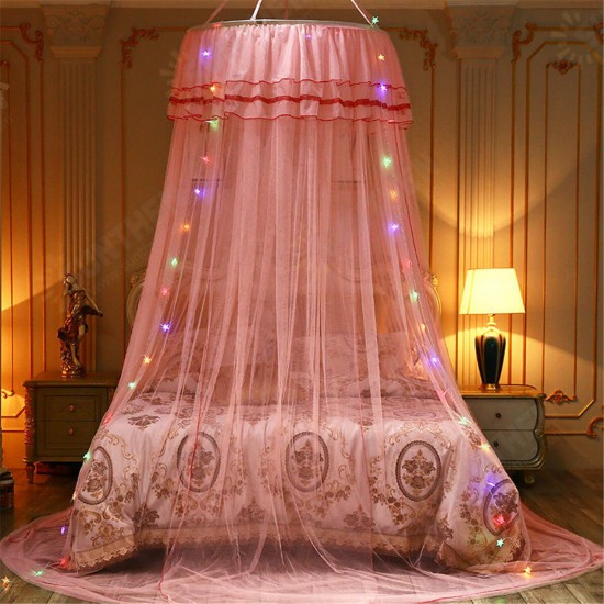 Ceiling-Mounted Mosquito Net Installation Home Dome Foldable Bed Canopy with LED String Light