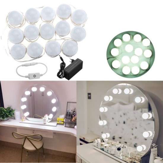 Hollywood Style 14Bulbs White LED Vanity Mirror Lights Kit + EU Power Supply Adapter+Dimmer