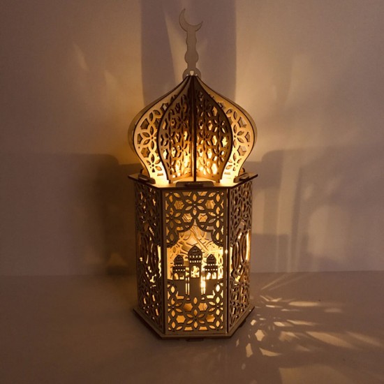 Islam Eid Ramadan Mubarak Decoration Wooden Golden LED Lantern Basswood Night Light