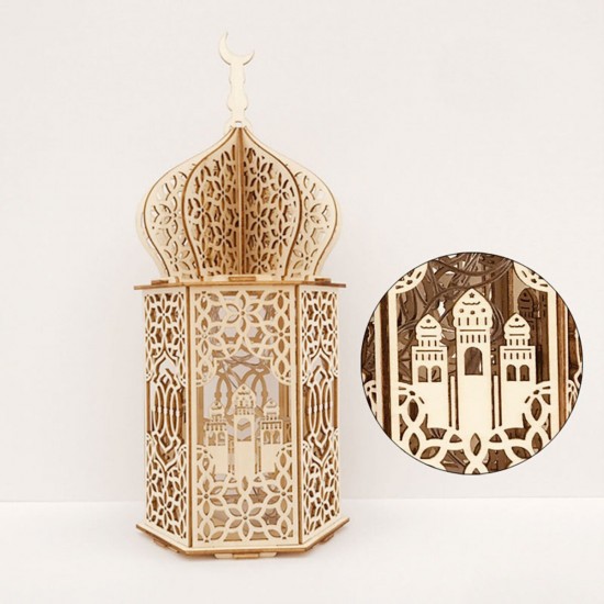 Islam Eid Ramadan Mubarak Decoration Wooden Golden LED Lantern Basswood Night Light