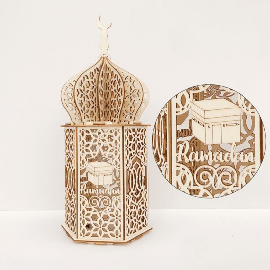 Islam Eid Ramadan Mubarak Decoration Wooden Golden LED Lantern Basswood Night Light