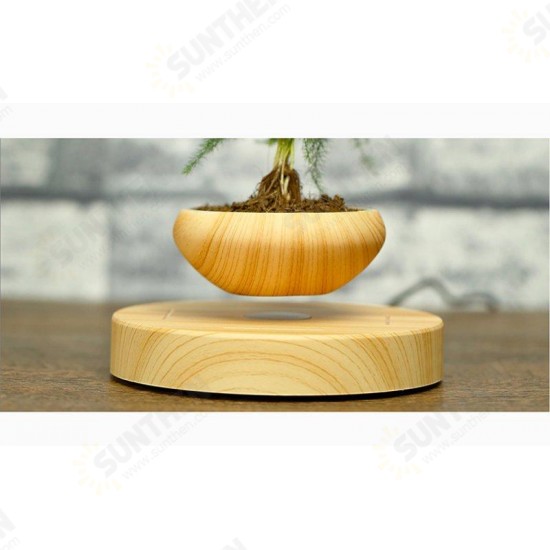 Magnetic Suspended Potted Plant Wood Grain Round LED Indoor Pot Home Office Decoration