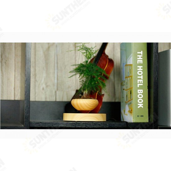 Magnetic Suspended Potted Plant Wood Grain Round LED Indoor Pot Home Office Decoration