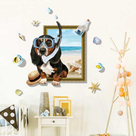 Creative 3D Cartoon Summer Diving Dog Frame PVC Removable Home Room Decor Sticker