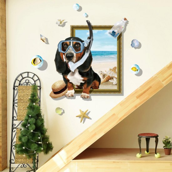 Creative 3D Cartoon Summer Diving Dog Frame PVC Removable Home Room Decor Sticker