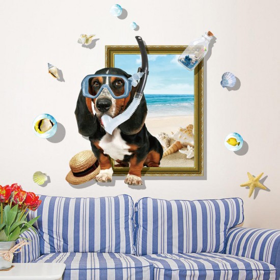 Creative 3D Cartoon Summer Diving Dog Frame PVC Removable Home Room Decor Sticker