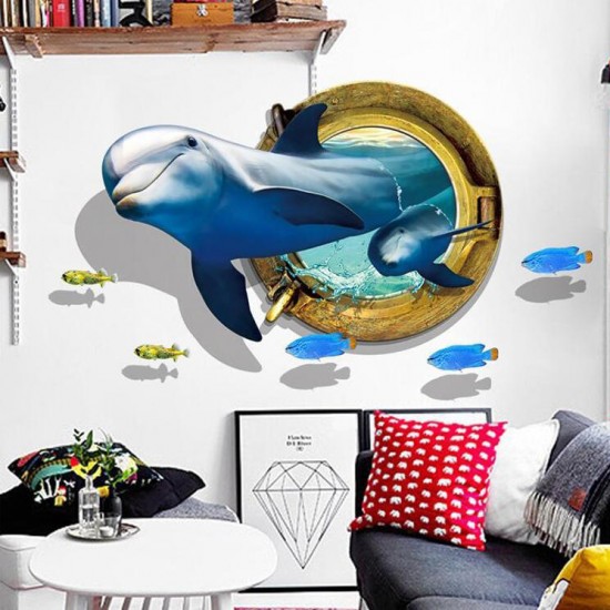 Creative 3D Dolphin Window Sea Fishes PVC Removable Home Room Decorative Wall Decor Sticker