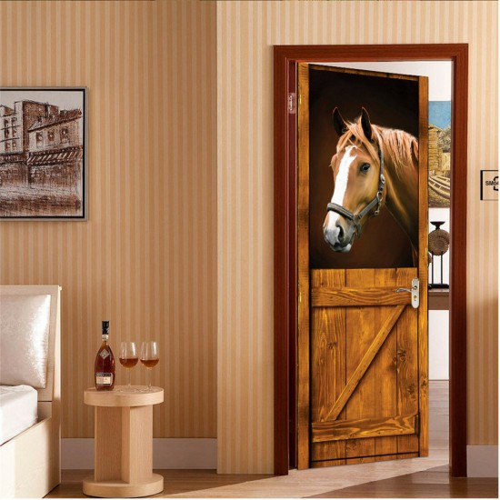 Self Adhesive Mural Decals 3D Horse Door Wall Sticker Wrap Home Decor 77x200cm