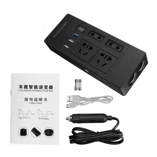 200W Mini Power Inverter 12V/24V to 220V Dual USB QC3.0 Fast Charge Voltage Converter Transformer Digital Display