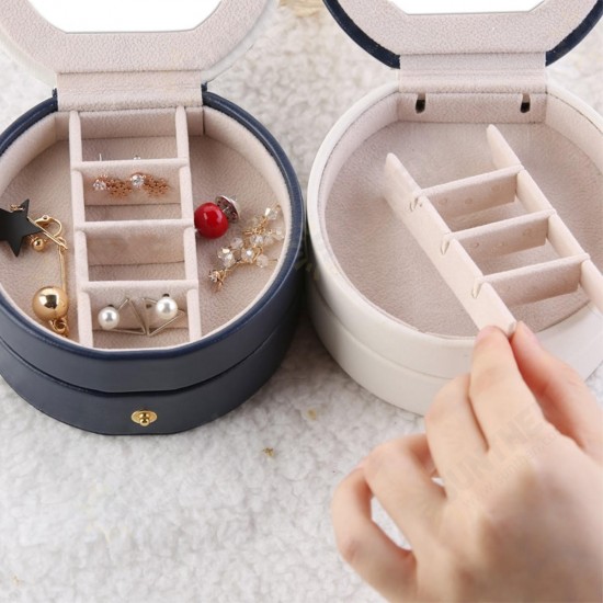 Portable Travel Round Multi-Layer Jewelry Box Leather Stud Earrings Jewellery Ornaments Storage Case