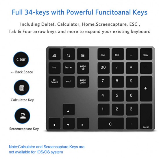 Wireless Bluetooth 34 Keys Numeric Keypad Number Pad Keyboard with USB 3.0 HUB for Mac OS Windows Smartphone