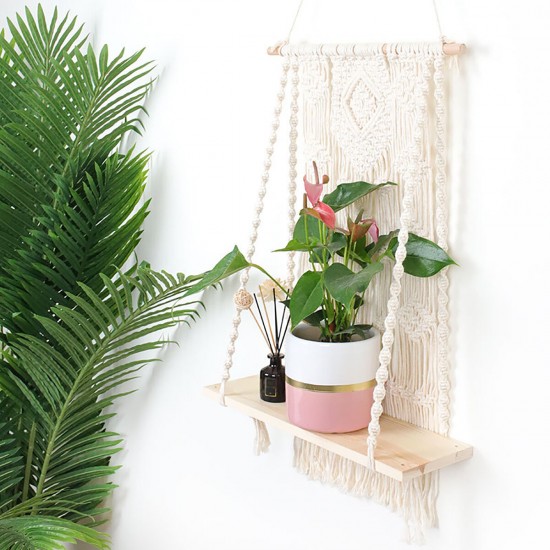 Macrame Plant Hanger Basket Hand Woven Tapestry Wood Pot Shelf Room Decoration