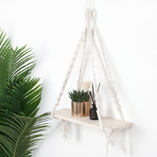 Macrame Plant Hanger Rack Hanging Shelf Bookshelf Hemp Rope Wall Mounted Shelves