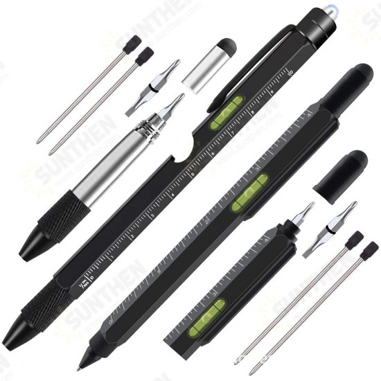 6 in 1 Multifunctional Tactical Pen Creative Screwdriver Level Scale Pen Touch Screen Metal Ballpoint Pen Tool Camping Hiking