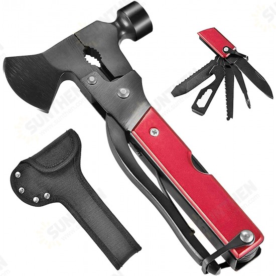 14 in 1 EDC Folding Multi Tools Ax Hatchet Wooden Handle Fire Heavy Duty Twin Hammer Pocket Saw Screwdrivers Pliers with Nylon Sheath for Outdoor