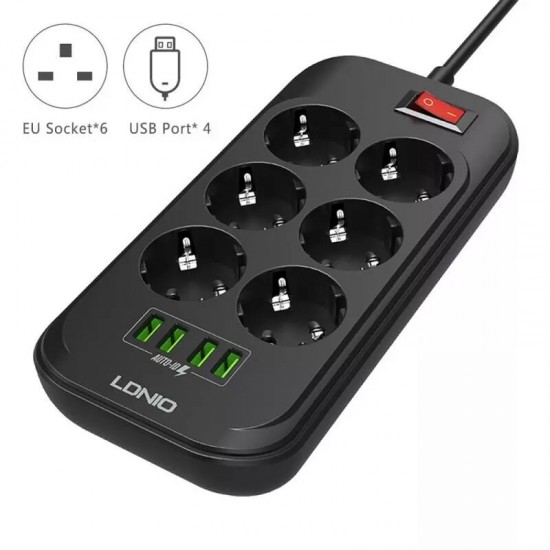 SE6403 EU Plug USB Power Socket 4 USB 6 Outlet Wall Power Socket Extension Power Strip Charger For iPhone 12 12Pro Max OnePlus 8Pro 8T