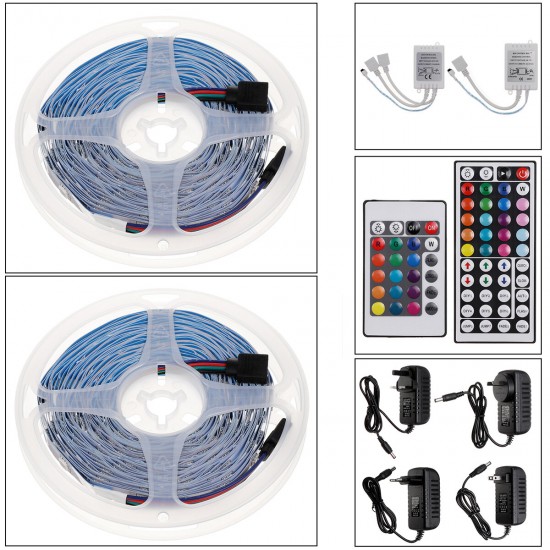 2*5M Non-waterproof RGB LED Strip Light 5050 SMD Flexible Tape Full Kit+24/44Key Remote Control+Plug DC12V Christmas Decorations Clearance Lights