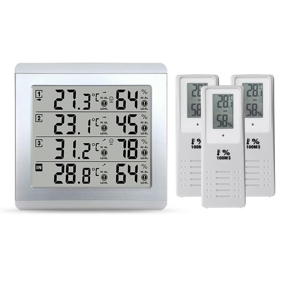 3 Sensors Wireless Digital Alarm Thermometer Indoor Outdoor Audible Indicator