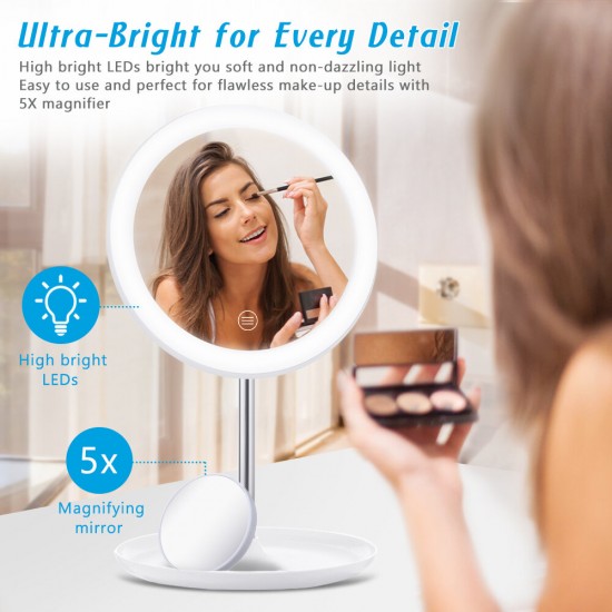 White Circular Mirrors Lamp 1200 mA Battery with 5X Magnifier Touch Switch Three Color Temperature Adjustment Polarless Dimming Distribution USB Wire