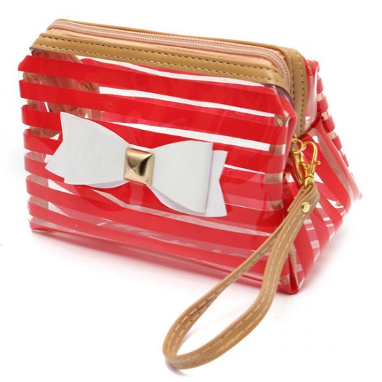 Stripe Transparent Cosmetic Bag Travel PVC Bow Tie Make Up Organizer Case