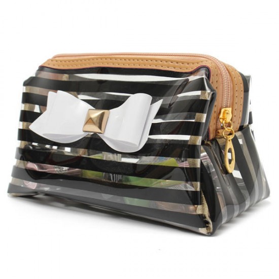 Stripe Transparent Cosmetic Bag Travel PVC Bow Tie Make Up Organizer Case