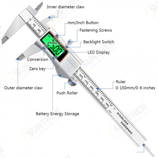 150mm LCD Stainless Steel Digital Caliper with Backlight Electronic Vernier Caliper 6 inch Micrometer Ruler Calipers Measuring Tool