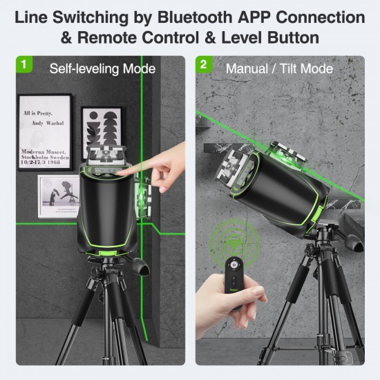 S03CG 3D LCD Display Cross Line Laser Level 12 Lines Green Beam bluetooth & Remote Control Functions with Hard Carry Case