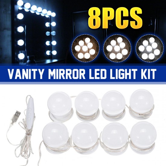 Dimmable Mirror Light Kit USB 8 LED Bulbs Vanity Makeup Dressing Table Hollywood Style