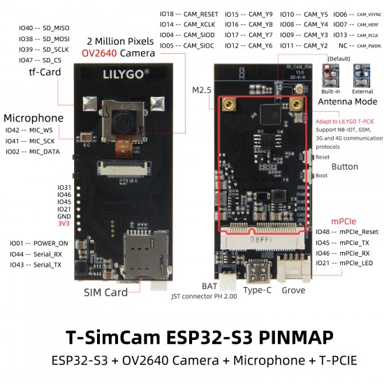 T-SIMCAM ESP32-S3 CAM Development Board WiFi Bluetooth 5.0 Wireless Module With OV2640 Camera TF Slot Adapt T-PCIE SIM