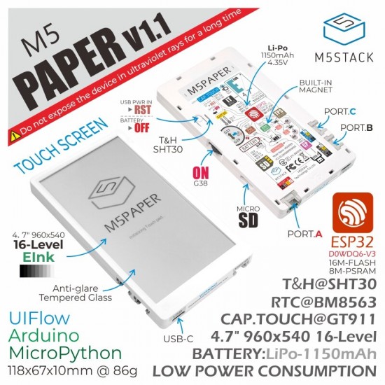 M5Paper ESP32 Wifi + bluetooth Development Core Board V1.1 with Touch EInk Display 4.7inch 960X540 180° Viewing Angle